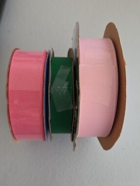 3 Offray Grosgrain Ribbons 1 New Pink & 2 Used Green - Pink